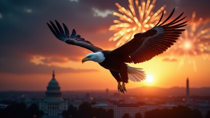 Fototapeta premium U.S. Independence Day, A majestic eagle soaring under fiery twilight skies golden glow amid Independence Day fireworks over D.C.