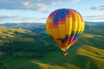 Fototapeta premium Colorful hot air balloon soars above picturesque landscape with rolling green hills and clear blue sky, creating serene and adventurous scene