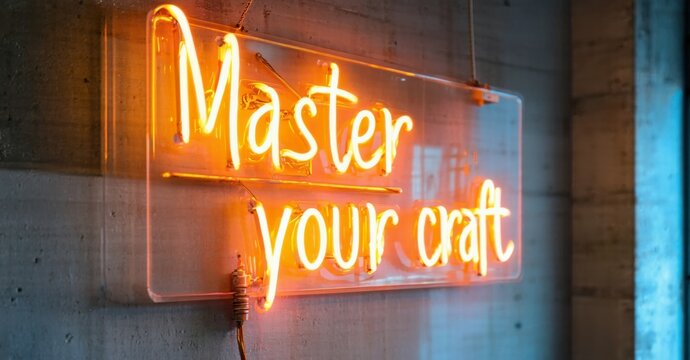 Neon sign master your craft deep emerald bright gold floating inside cutting edge leadership seminar softly glowing high tech presentation boards