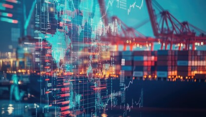 Global trade data overlay on cargo port at night
