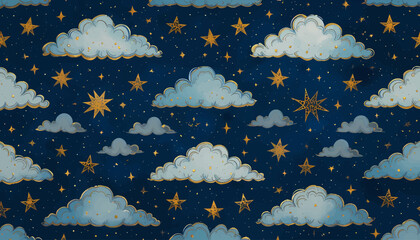 Magical Starry Night Sky with Golden Stars and Fluffy Clouds, Dreamy Background Art
