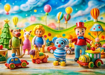 Naklejka premium Panoramic Hand-Drawn Toy Illustrations on Organic Texture Background