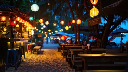 Cozy Beach Bar Illuminated by Lanterns in Evening Light