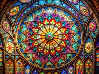 Fototapeta premium Panoramic Spray Paint Stained Glass: Sacred Geometric Patterns, Religious Art, Spiritual Design