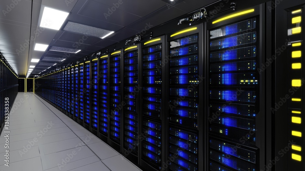 Poster A high-tech data center corridor with glowing server racks, symbolizing cloud computing, cybersecurity, and IT infrastructure. Ideal for technology and business content