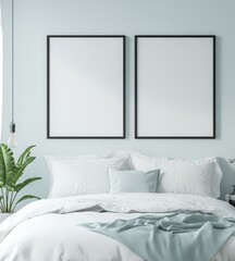 Empty frames on light blue bedroom wall