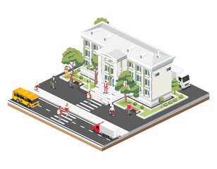 Naklejka premium Isometric view of courthouse building, bank, university or governmental institution. Public building with high columns, surrounded by trees, cars, and people. Illustration. Justice concept.