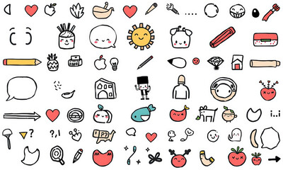 collection of cute doodles featuring various playful icons like fruits, faces, and objects, evoking sense of joy and creativity. Perfect for design projects