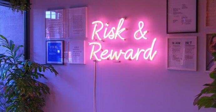 Naklejki Neon sign risk reward deep sapphire soft pink mounted venture capitalist s office wall casting reflections framed startup success stories