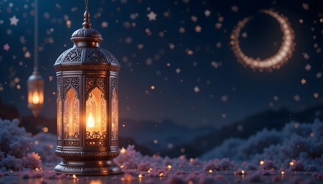 3D Golden Lantern. Illustration of Islamic symbol design of Eid al-Fitr Ramadan at night. Emitting light with a calming impression.