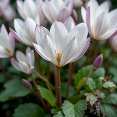 Fototapeta premium White flower blossom close up background cyclamen hederifolium family primulaceae high quality big size prints