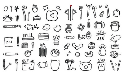 Doodles of various cute objects including plants, utensils, and food items create whimsical and playful atmosphere. This collection showcases creativity and fun in everyday items