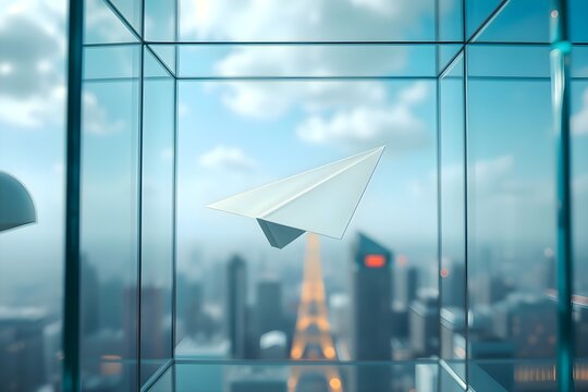 A white paper airplane floats in a glass room, with a cityscape