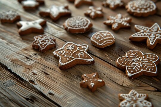 Beautifully decorated gingerbread cookies displayed on a wooden table