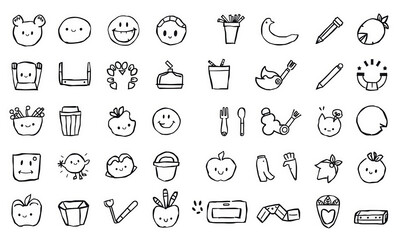 Naklejka premium Cute doodles of various objects and characters, including food items, utensils, and playful faces, create whimsical and cheerful atmosphere. These illustrations are perfect for adding fun touch to