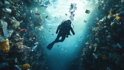 Fototapeta premium Underwater scene of a diver lost in a vortex of plastic waste, symbolizing environmental destruction, dramatic composition, hyperrealistic textures, Midjourney v6