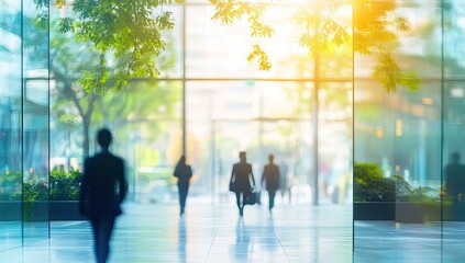 Modern office building entrance, people walking, bright sunlight, lush greenery