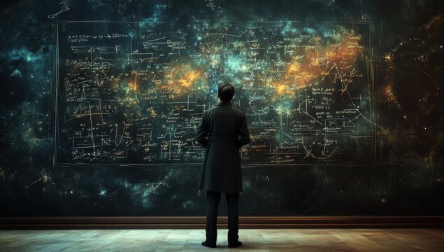 A man stands before a cosmic blackboard filled with complex mathematical equations and space formulas representing science astrophysics and universe exploration