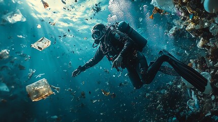 A scuba diver tangled in plastic debris, struggling against the overwhelming pollution, powerful storytelling, moody lighting, hyperdetailed rendering, Midjourney v6
