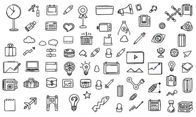 Doodles of various icons including clocks, charts, and technology symbols, showcasing creativity and versatility in design. Perfect for digital projects and presentations