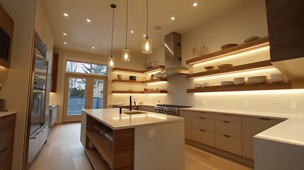 A warm, modern kitchen showcasing beige cabinets and walnut open shelves, enhanced by LED lighting and a floating ceiling