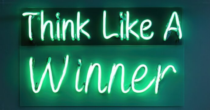 Naklejki Neon sign think like winner electric teal warm jade glowing inside high end strategic planning session softly reflecting off digital projection screens