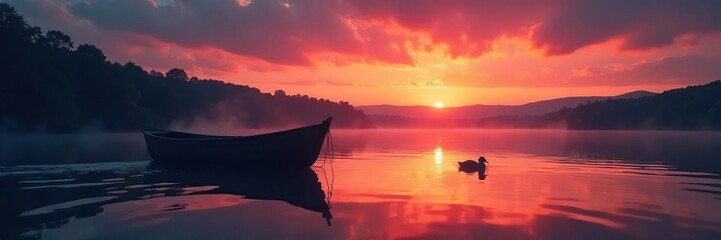 Twilight, small boat, single dead duck, calm water , quiet, image, photo