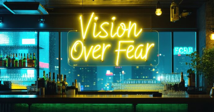 Naklejki Neon sign vision fear cyber yellow soft jade mounted rooftop bar softly reflecting city skyline glass panels