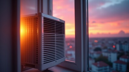 Window Air Conditioner, Modern window AC glows with sunset hues reflecting a vibrant city skyline in metallic sleekness.