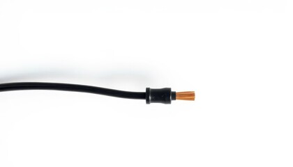 A single black insulated electrical wire against a stark white background, stock photo, black wire