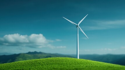 Fototapeta premium A wind turbine stands on a green hill against a clear blue sky, symbolizing renewable energy and sustainable practices.