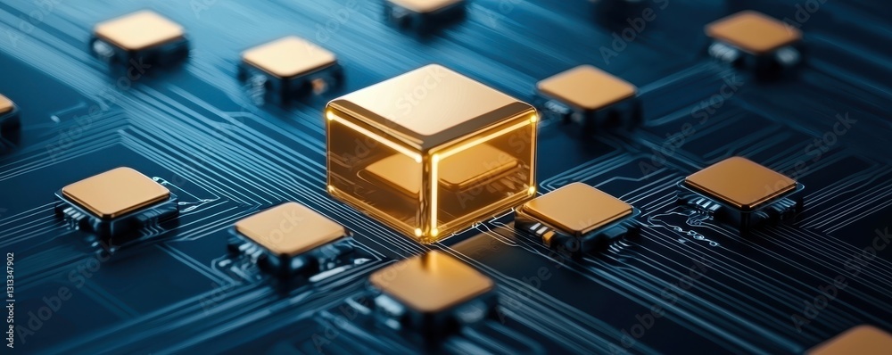 Poster a close-up view of a circuit board featuring a prominent golden chip surrounded by smaller elements,