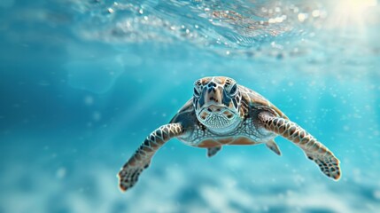 Obraz premium A serene underwater scene featuring a swimming sea turtle, illuminated by soft sunlight filtering through the water's surface.