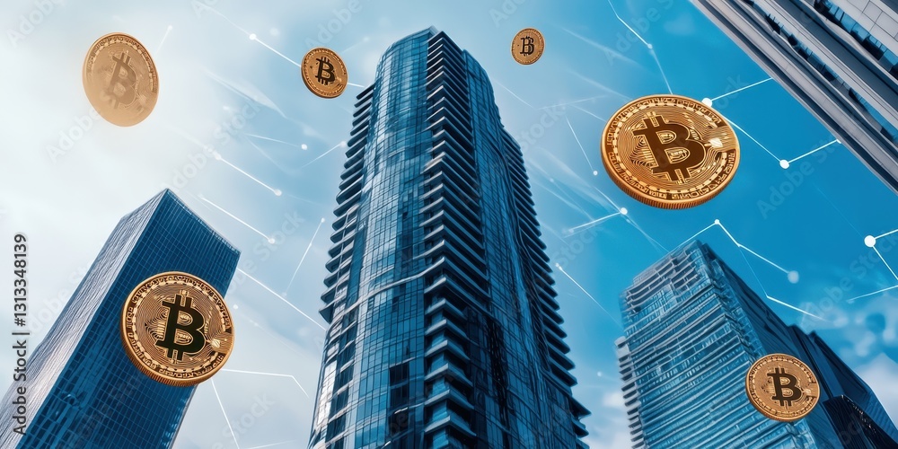 Poster a modern cityscape featuring skyscrapers with floating bitcoin coins, symbolizing the intersection o