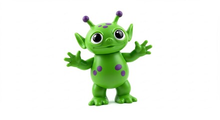 Fototapeta premium Friendly green alien toy cheerfully poses against bright white background. AI Generated