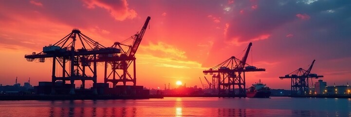 Obraz premium Vibrant sunset paints the sky over a busy industrial port, towering cranes dominate , sunset, sea