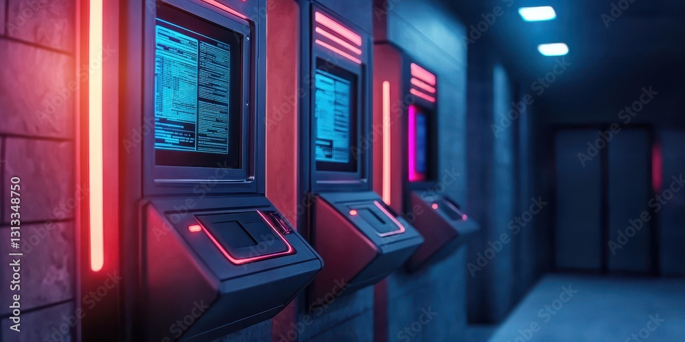 Poster A futuristic corridor features glowing ATMs with vibrant neon lights and digital screens, creating a high-tech atmosphere.