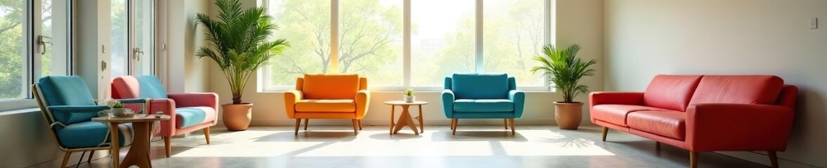 Empty colorful chairs & potted plants in a bright waiting room , furniture, plants