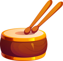 Cartoon drum with wooden drumsticks, representing traditional Irish folk music and st Patrick day celebrations. Vector percussion instrument adding rhythm to cultural performances and festivities