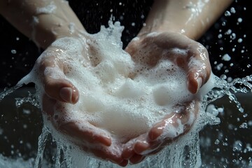Fototapeta premium A woman s hands are washed in a foamy sink promoting hygiene and preventing germs including coronavirus