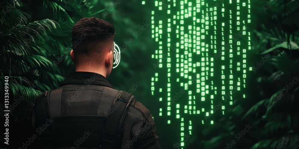 Poster A person stands in a lush green environment, facing a cascading digital rain of green binary code, blending nature and technology.