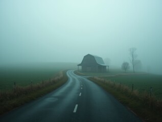 Obraz premium Foggy rural road with fields, distant barn, green landscape, moody tranquil vibe, countryside charm.