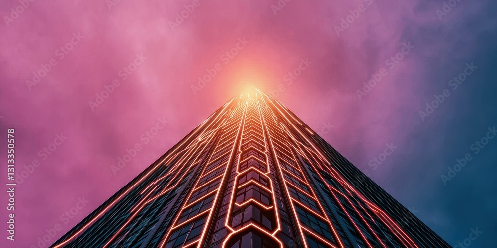Poster A towering structure reaches towards a vibrant sky, illuminated by a bright light, creating a striking visual contrast against the colorful clouds.