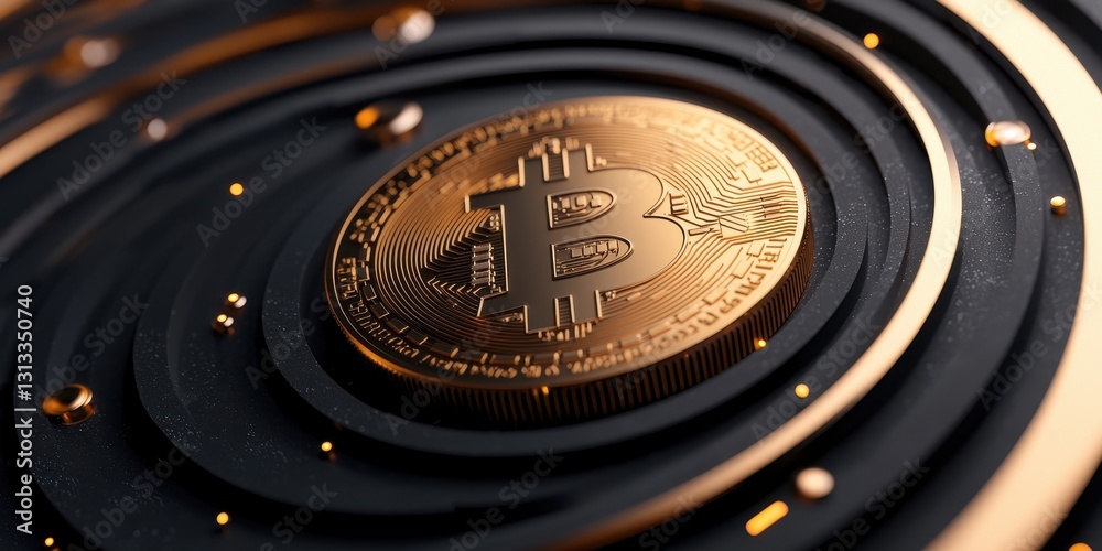 Poster a close-up view of a shiny bitcoin surrounded by concentric ripples, showcasing the cryptocurrency's