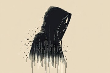 A hooded person silhouetted with digital binary code displayed graphically