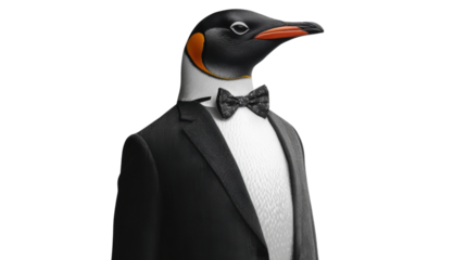 Elegant emperor penguin wearing tuxedo and bow tie on transparent background