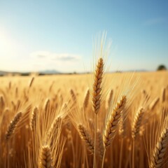 A vast golden wheat field swaying in the breeze under a clear blue sky, bathed in warm late afternoon sunlight, creating a serene countryside scene.