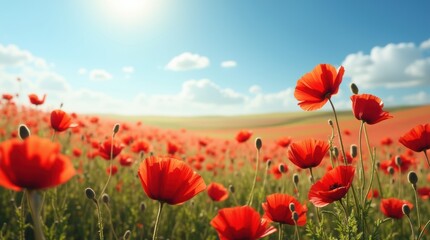 Fototapeta premium A sprawling field of red poppies under a bright blue sky with soft clouds, gently swaying in the midday sunlight, creating a peaceful countryside scene.