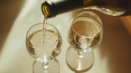 Two glasses of white wine being poured from a bottle, soft ambient light, f/5.6, elegant and minimal composition
