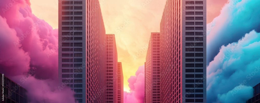 Poster a vibrant cityscape with towering buildings flanked by colorful clouds at sunset, creating a surreal